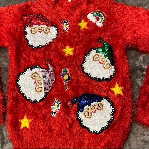 Soft Plush Fuzzy Christmas Sweater Vintage Inspired Sequins Santa Star Holiday - Picture 9 of 17